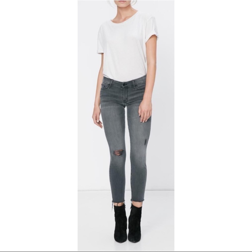 MOTHER The Looker Ankle Fray Gray Black Distressed Mid Rise Jeans